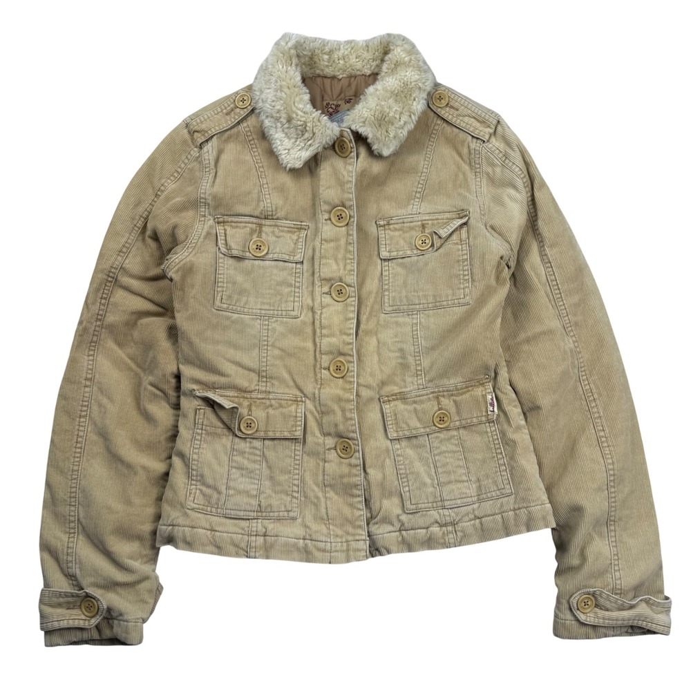 VTG Y2K Hollister Tan Corduroy Faux Fur Collar Quilted Utility Jacket Medium